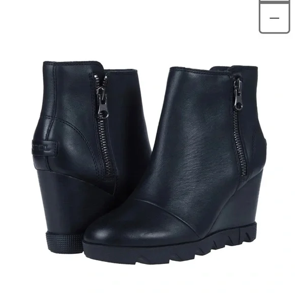 NEW SOREL JOAN UPTOWN ZIP WEDGE BLACK BOOTS - Picture 2 of 9
